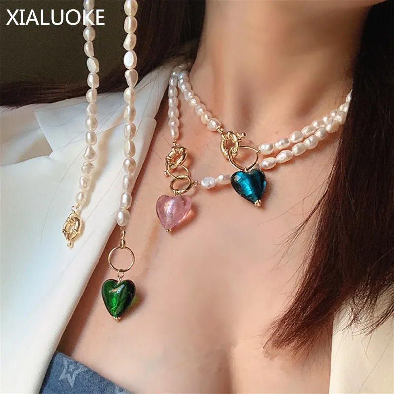 XIALUOKE Retro Baroque Freshwater Pearl Necklace For Women Bohemia Glass Heart Pendant Necklaces Party wedding jewelry N8888