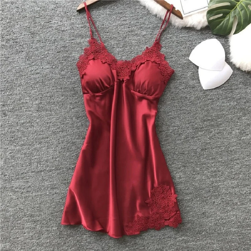 Women's Sexy Lingerie Silk Nightgown Summer Dress Lace Night Dress Sleepwear Babydoll Nightie Satin Homewear Chest Pad Nightwear