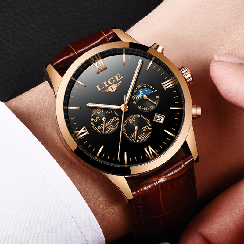 Reloj de hombre LIGE Men's Watches Men Business Fashion Leather Watch Moon phase Date Luminous Multi-function Sport Quartz Clock