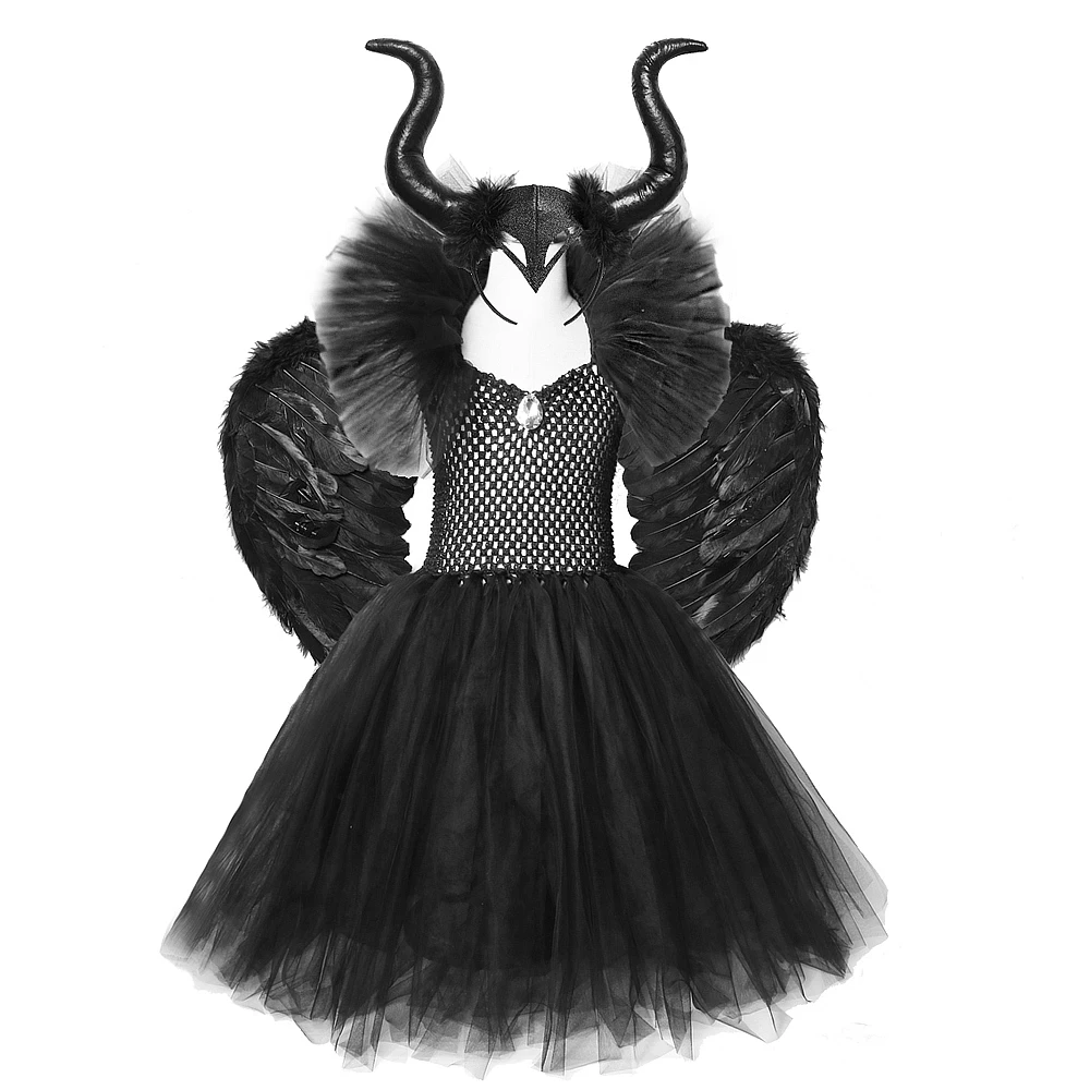 

Black Feather Halloween Costumes for Girls Kids Evil Queen Long Tutu Dress with Horns Wings Villian Witch Cosplay Outfit Set