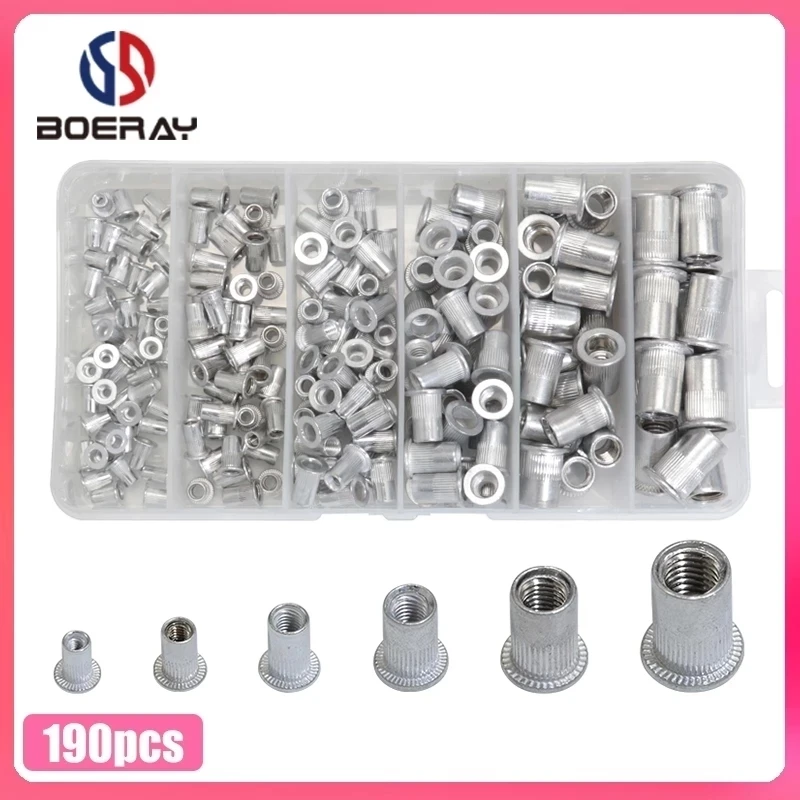 

190pcs M3 M4 M5 M6 M8 M10 Aluminum Alloy Rivnut Flat Head Threaded Rivet Insert Nutsert Cap Rivet Nut