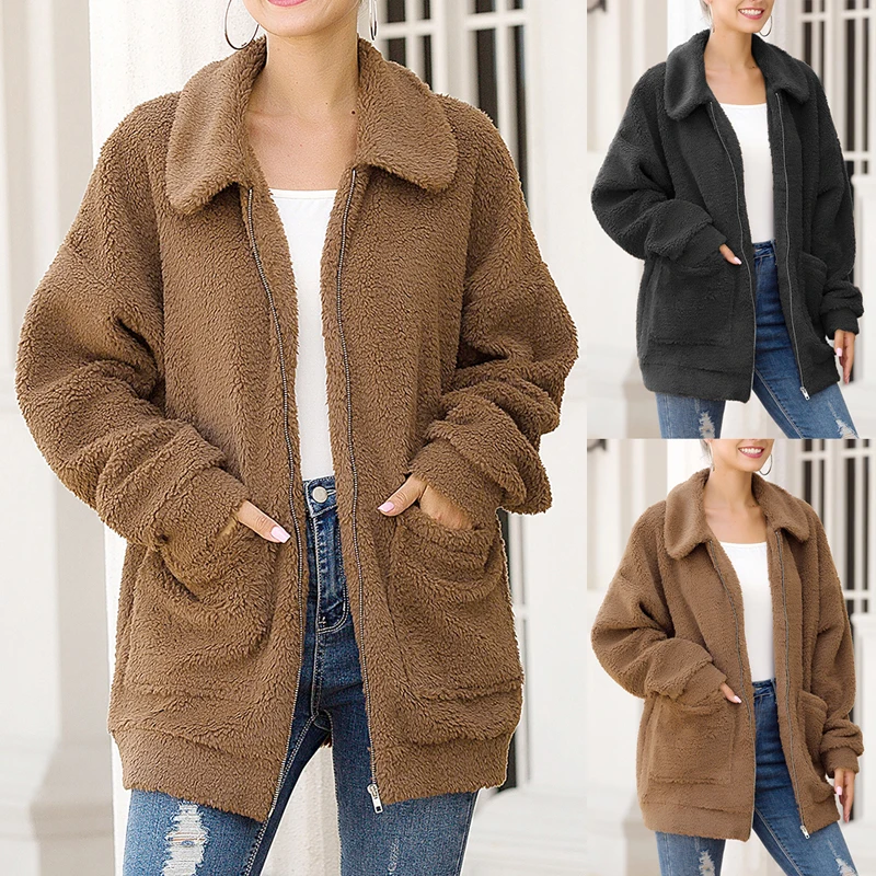 Women Warm Jacket Zipper Long Sleeve Lapel Coat Ladies Fleece Faux Fur Outwear Winter Windproof Thick Plus Size 2XL |