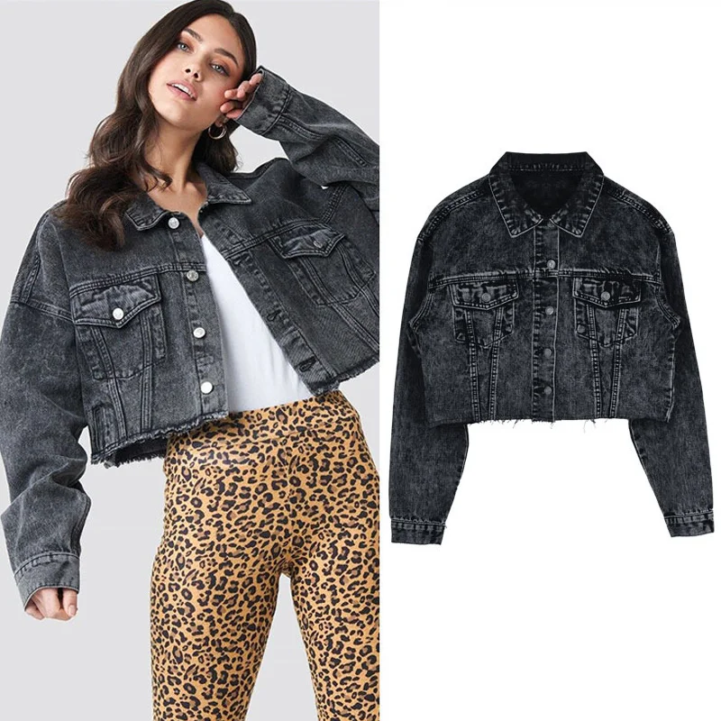 Модная женская короткая джинсовая куртка винтажный Темный укороченный топ
