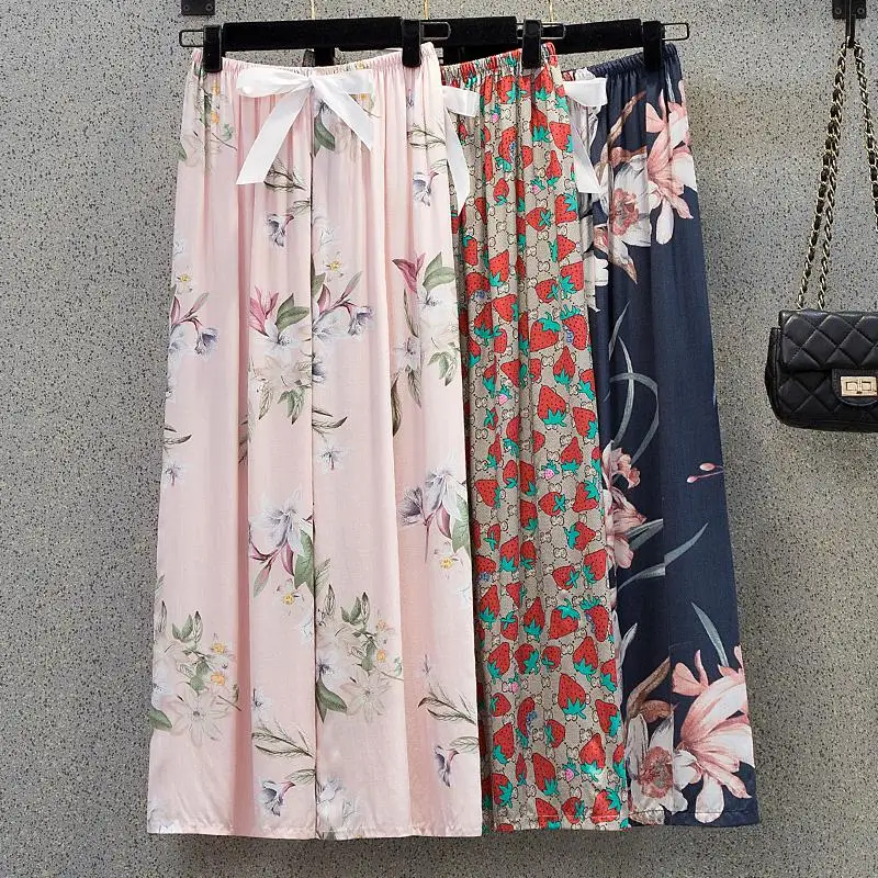 

Casual width leg pants 2021 summer large size women new fashion loose strawberry flower printing elastic pants home clothes big