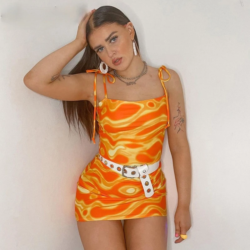 

2000s Fashion Wave Print Short Cami Dresses Summer Y2K Aesthetics Bodycon Lace Up Straped Orange Mini Dress Harajuku New