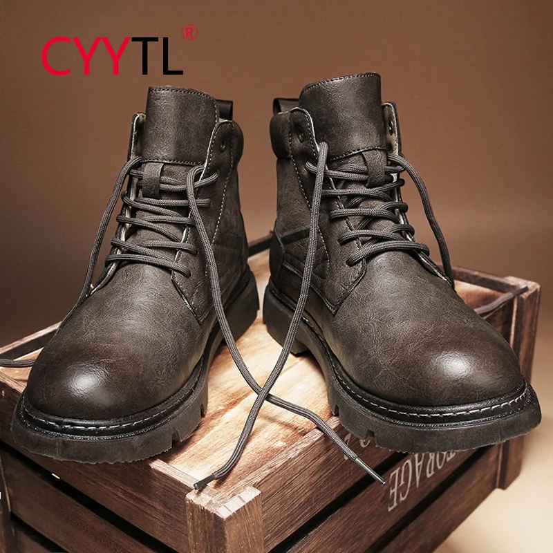 

CYYTL 2021 New Men's Leather Winter Fashion Boots Vintage Style Casual Lace-up Ankle Motorcycle Booties Work Dress Walking Shoes