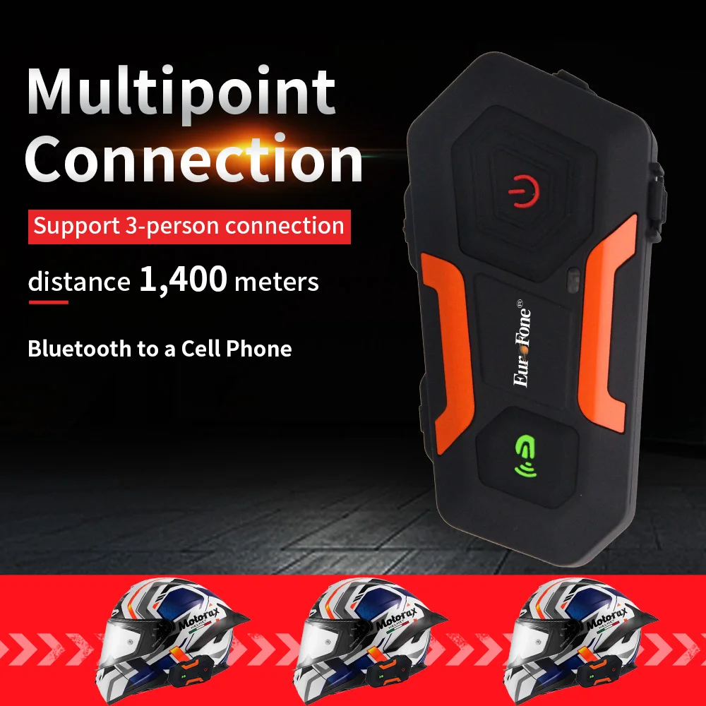 

EurFone V3-P 1400M BT Motorcycle Helmet Intercom Waterproof Wireless Bluetooth Moto Headset Interphone with FM Radio for 3 Rides