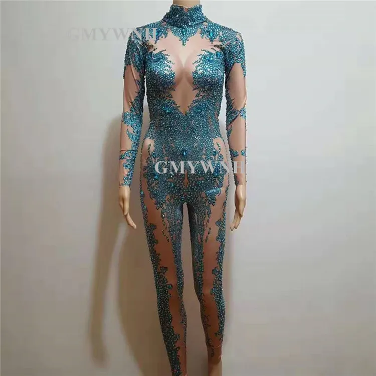 W4 женский сексуальный комбинезон с 3d принтом Синие стразы тянущиеся трико