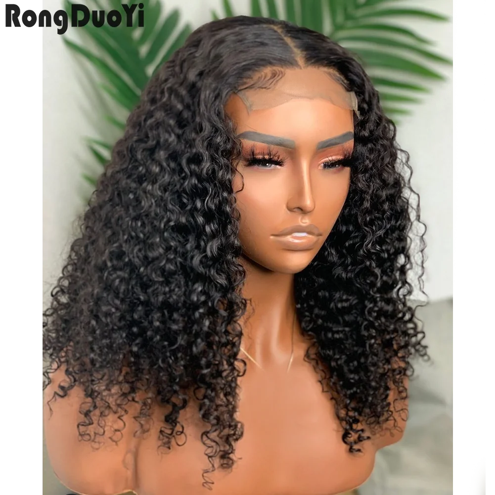 

RONGDUOYI Kinky Curly Wigs for Women Synthetic Lace Wig Black High Temperature Fiber Lace Front Wigs Natural Hairline Daily Used