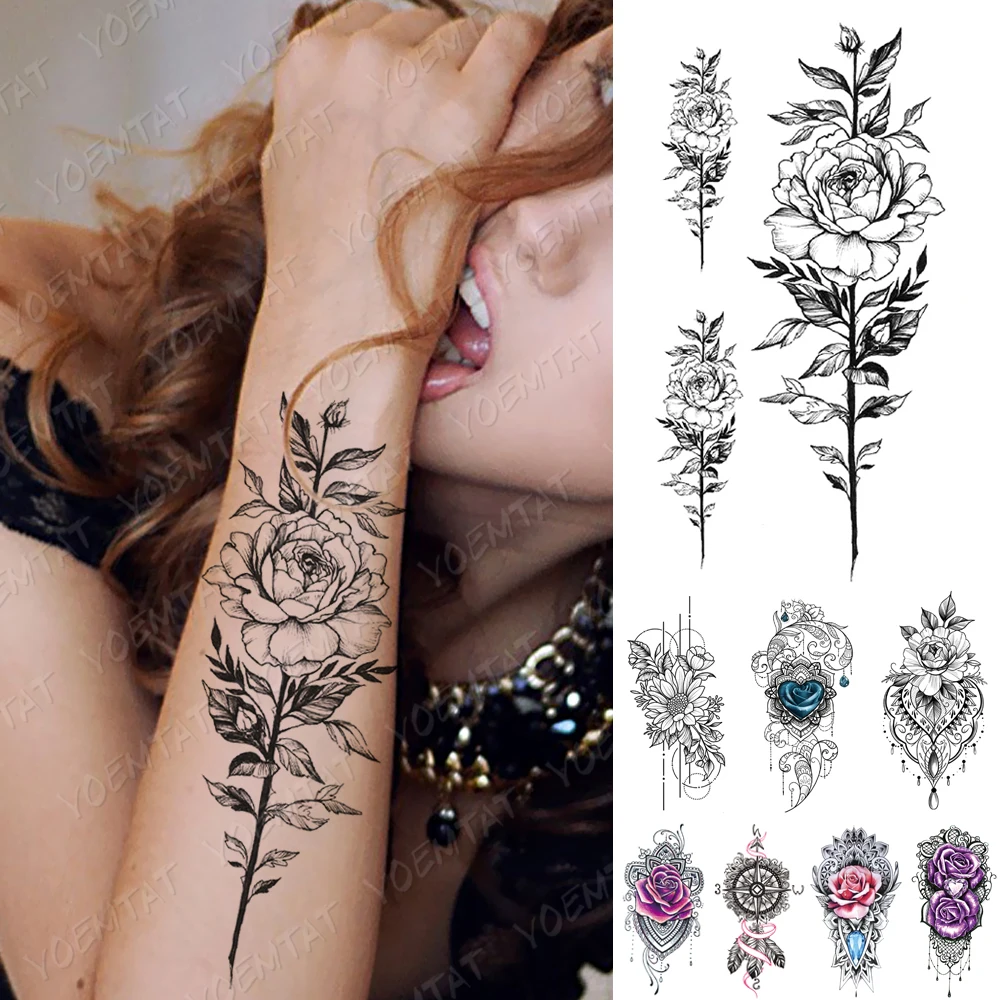 

Waterproof Temporary Tattoo Sticker Rose Peony Daisy Flowers Flash Tattoos Simple Lines Body Art Arm Fake Sleeve Tatoo Women Men