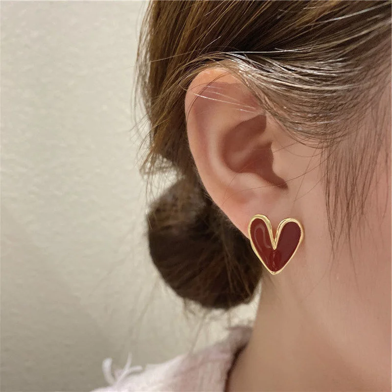 

LOVOACC Cute Romantic Red Color Enamel Love Heart Earring for Women Ladies Gold Color Alloy Statement Dangle Earrings Brincos