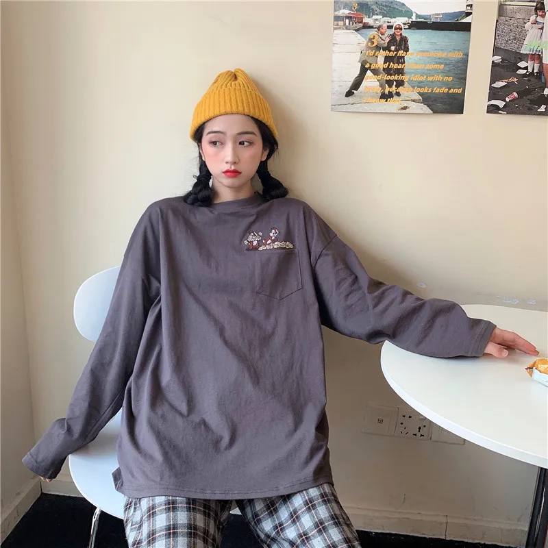 

Online Red Pocket Long-Sleeved T-shirt Female Ins Super Popular Korean Loose Student BF Idle Style Early Autumn Clothes