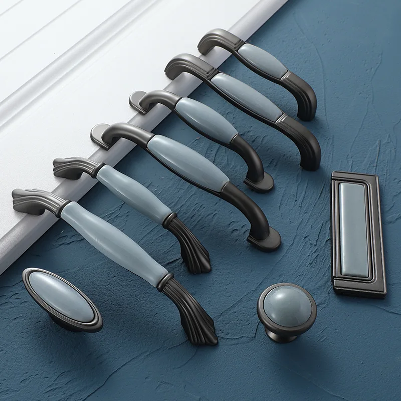 

Mediterranean Blue Ceramic Cabinet Knobs and Handles Gray Wardrobe Door Pulls European Furniture Handle Cabinet Hardware