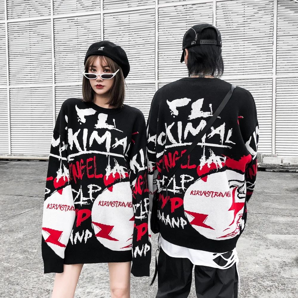 

Men Pullover Sweater Cotton Graffiti Letters Jacquard Knitted Sweater Mens Winter Clothing Oversize Pattern Couples Pull Homme