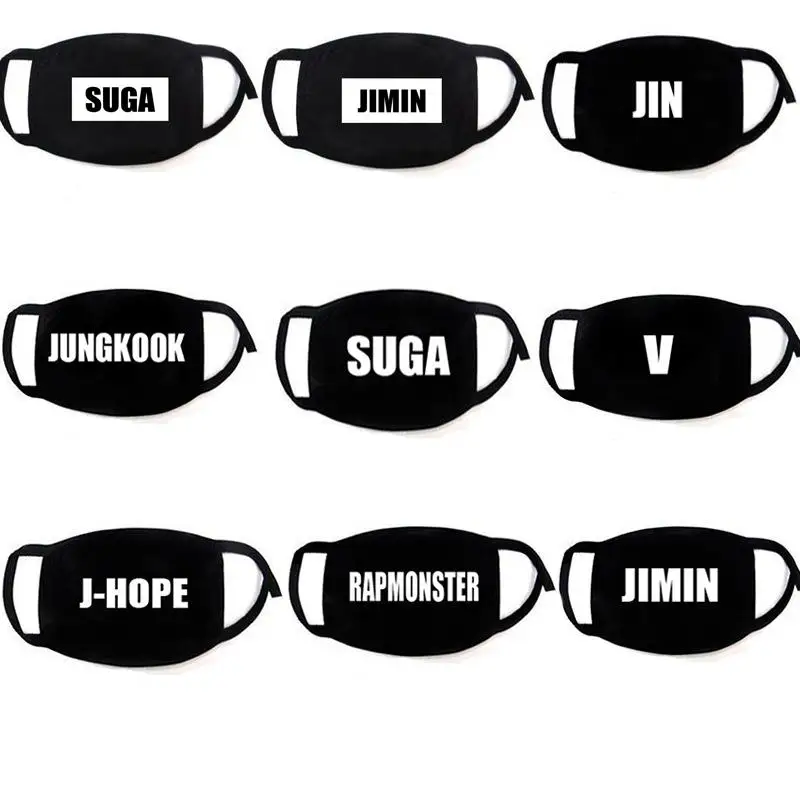 Masque facial de bouche anti Poussiere en coton noir blanc Kpop Bantan lettres nom &quotV&quot &quotJIN&quot &quotJIMIN&quot jungkook suga femme| |