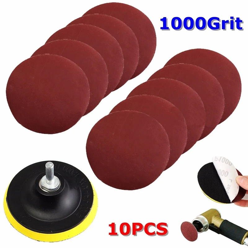 

10Pcs Sanding Disc Sandpaper Hook Loop 1000 Grit + Backer Pad + Drill Adapter Round Sandpaper Eight Hole Disk Sand Sheets
