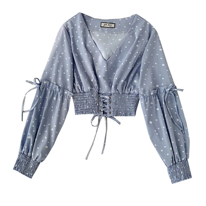 

Блузка женская в горошек, винтажный шифоновый топ с V-образным вырезом, на завязках, приталенная Короткая Талия, на весну