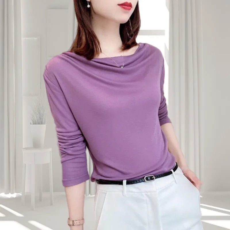 

2022 New Fashion Autumn Womens Tops cotton knitting Women Tshirt Spring Long Sleeve Slash neck Women Shirts