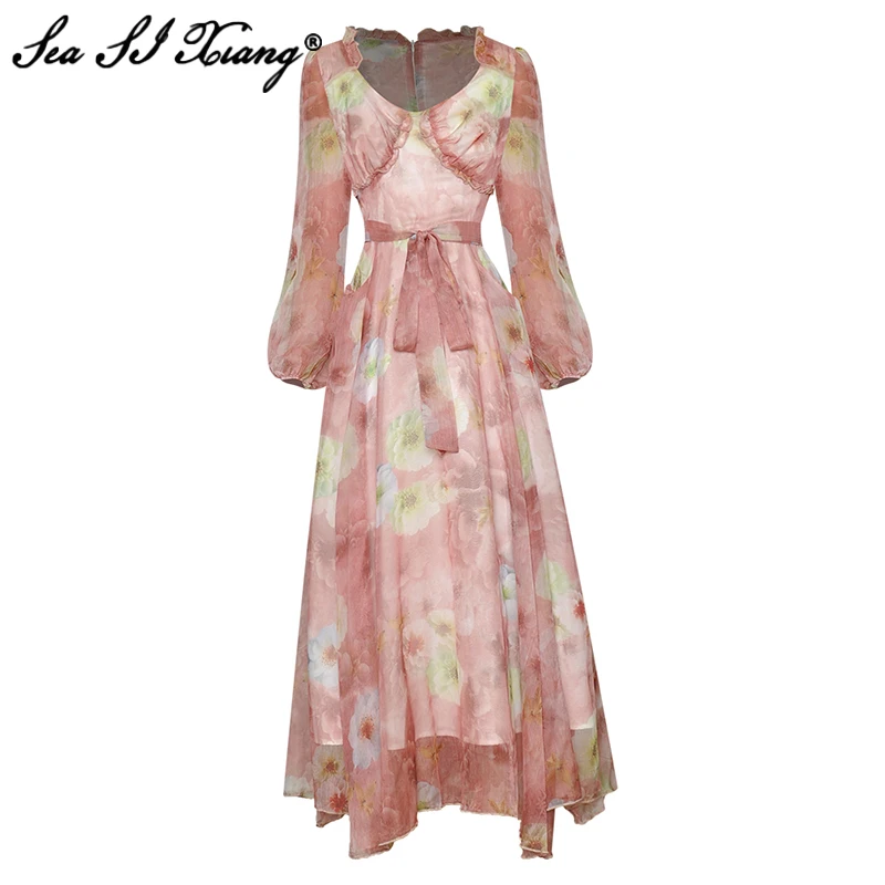 

Seasixiang Fashion Designer Autumn Chiffon Dress Women V-Neck Lantern Sleeve Ruffles Floral Print Vacation Dresses