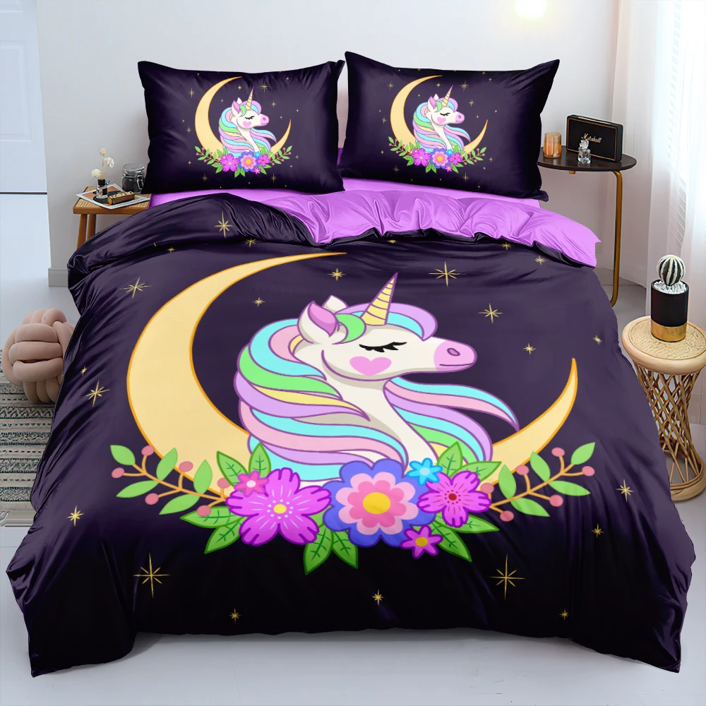 

Purple Cartoon Unicorn Linens Bed Durable Comforter Cover Set Twin Double King Size Bedding Set Home Textile Fashion Design