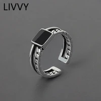livvy silver color black stone open double ring for women couple vintage fashion handmade jewelry gift