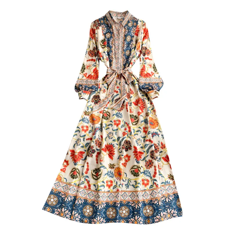 

2021 Spring Summer New Fashion Retro Printing Vestidos Women's Lapel Waist Temperament Midi Dress DK316