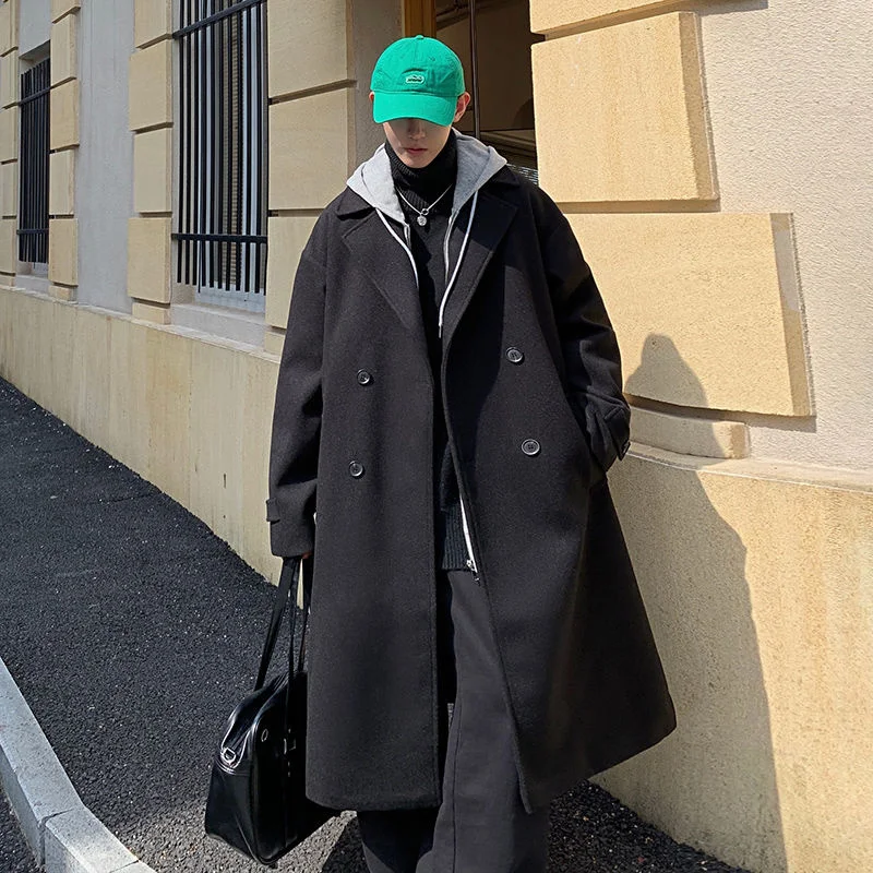 

Зимние теплые длинные мужские куртки PR, однотонная ветровка в Корейском стиле, Мужская двубортная Черная куртка