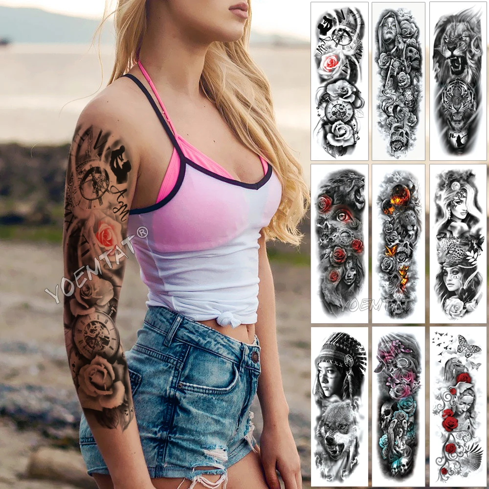 

Arm Lasting Waterproof Temporary Tattoo Sticker Mechanical Clock Rose Skeleton Lion Tiger Body Art Female Stickers Anime Men