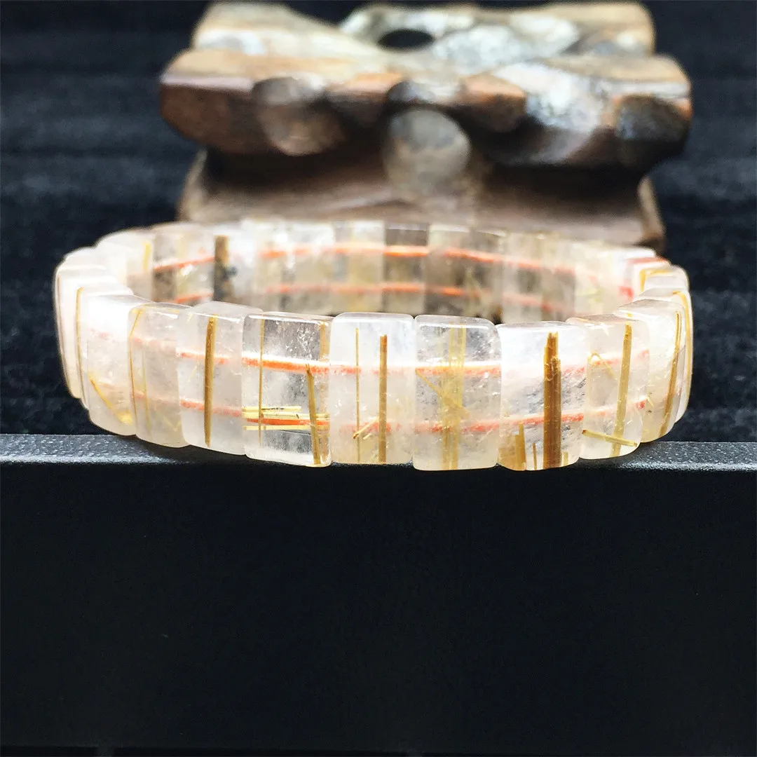 

Natural Gold Rutilated Quartz Bracelet Bangle For Women Men 12x7mm Beads Healing Wealth Stone Stretch Jewelry Titanium Gemstone