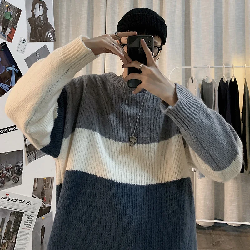 

Original Sweater Men Patchwork O-Neck Knitted Tops 2020 Autumn Winter Trendy Knitwear Fashion Oversize Pullovers Jumper Man