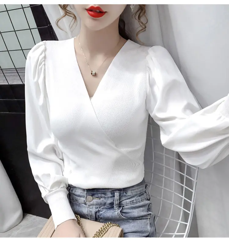 

2021 New Autumn Winter Women Knitted Sweaters Pullover V-neck Chiffon Patchwork Knitting Sweaters Ladies Top Knitwear Clothes