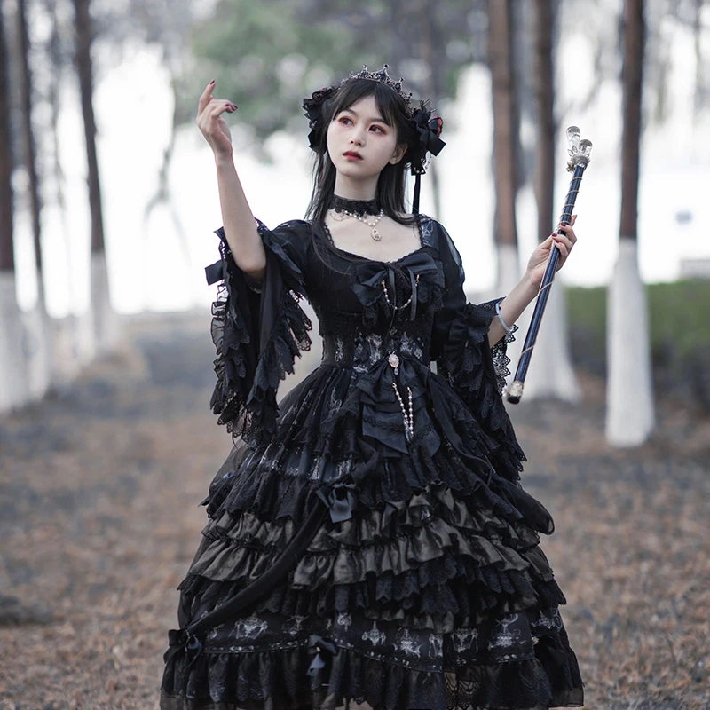

Gorgeous Large Flower Wedding Night Light Black Yarn Skirt Gothic Long Sleeve Lolita Dress