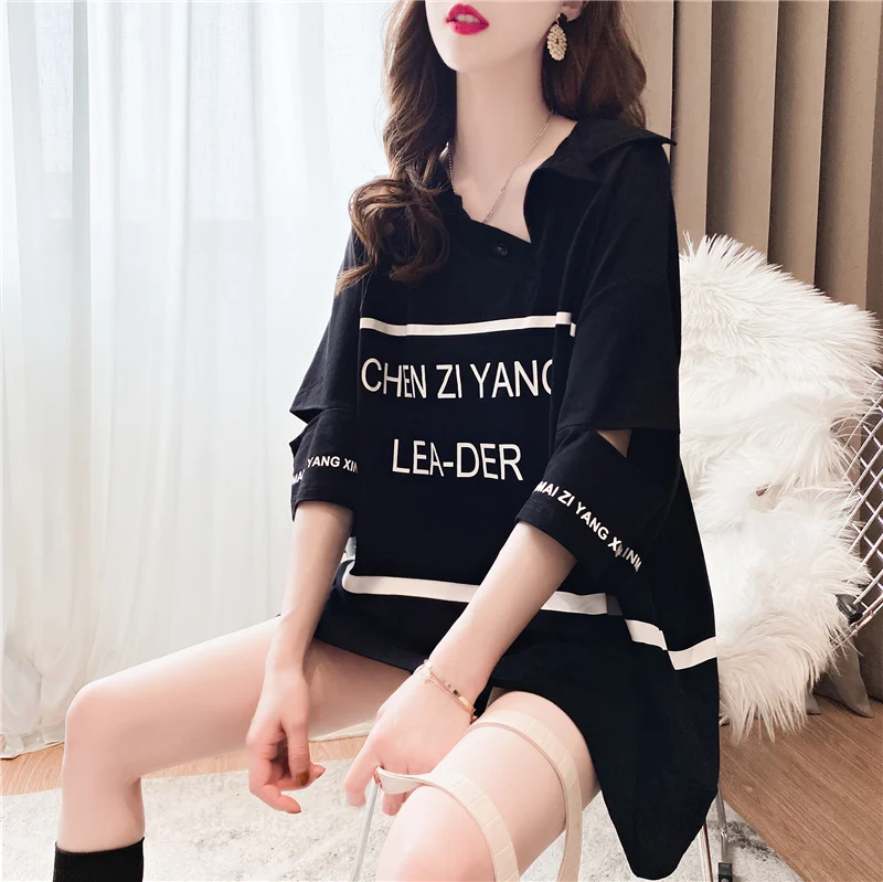 

Black Large Oversized Summer Women Mid-Length Tees Loose Cotton Comfort Long Straight T Shirt Lady Tops with Sleeve Lady Clothes
