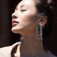 2021 vintage green crystal chain tassel drop earrings jewelry for women luxury rhinestone long dangel earrings accessories