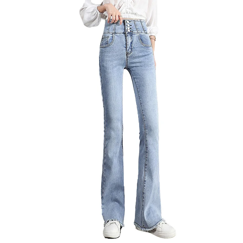

Women Fashion Flare tassel Jeans High Waist Casual Bell-bottom Buttons Up Stretch Jeans Thicken Warm Hot Lining Winter Wear B125