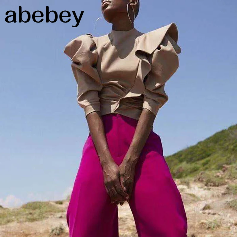 

Casual Patchwork Ruffles Blouses For Female Stand Collar Puff Half Sleeve Tunic Ruched Shirt Women Fashion 2020 New