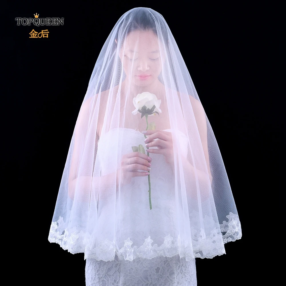

TOPQUEEN V56 Fashion Elegant Handmade Wedding Veil with Embroidery White Ivory Bride Marriage Tulle with Appliqued Edge