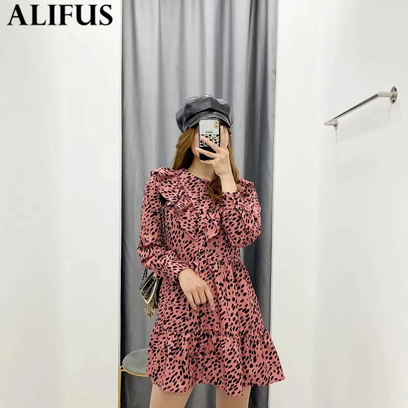 платья женские одежда Za 2019 винтажное леопардовое платье с круглым Модное и