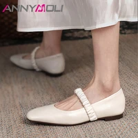annymoli natural genuine leather mary janes shoes woman flats pleated square toe flat shoes shallow dress footwear ladies beige