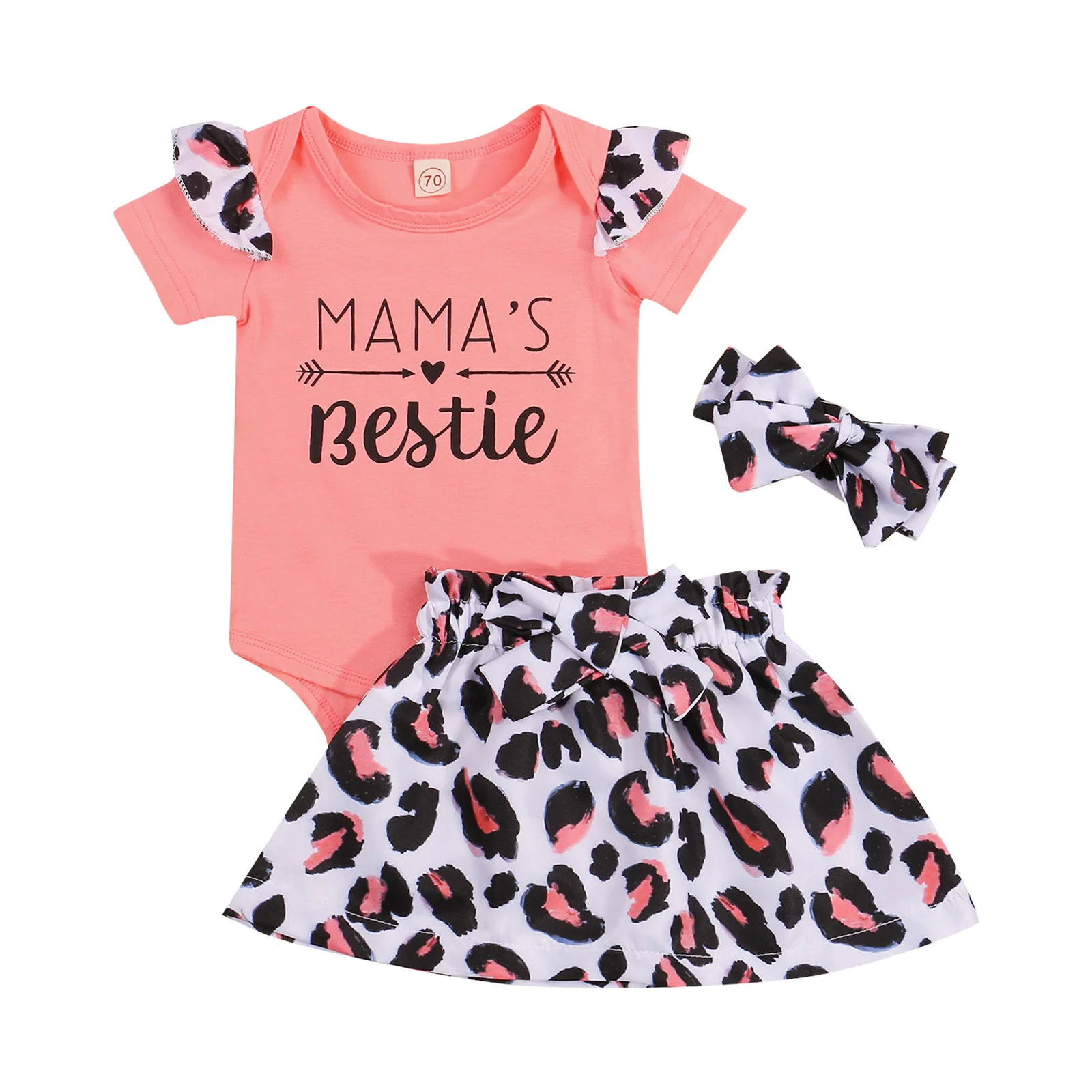 

Clothes For Newborns 2021 Newest Fashion Letter Print Fly Sleeve Round Neck Romper Leopard Bow Skirt Headband Baby Girl Clothes