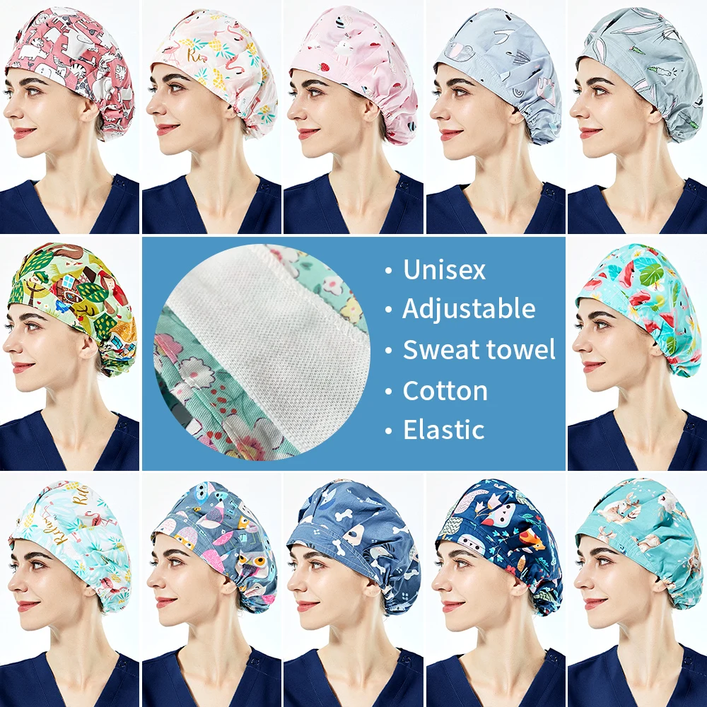 

New Cotton breathable Pet grooming scrubs cap printing scrub hat for long hair dust-proof work caps with Sweat towel for summer