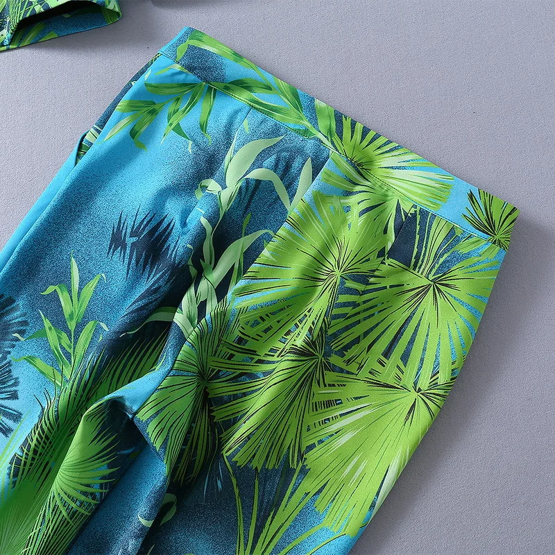 

HARLEYFASHION Temperament Plant Printing Design Women 2 Piece Sets Single Button Casual Blazer Coat And Pencil Pants