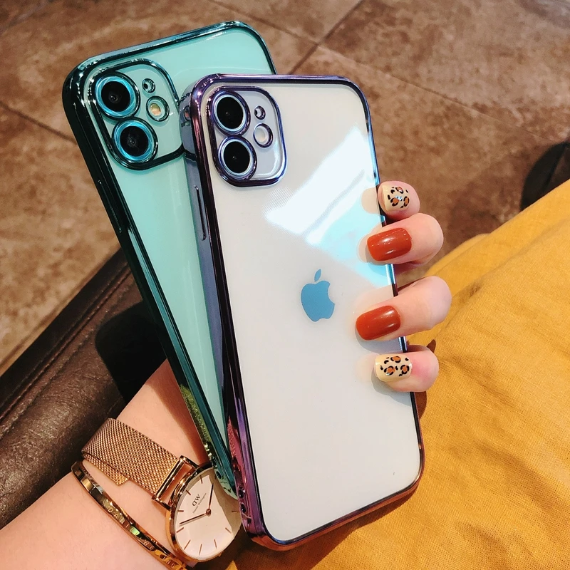 

Square Plating Transparent Soft Phone Case For iPhone 13 Pro Max 12 Mini 11 XS Max X XR 7 8 Plus Clear Soft TPU Shockproof Cover