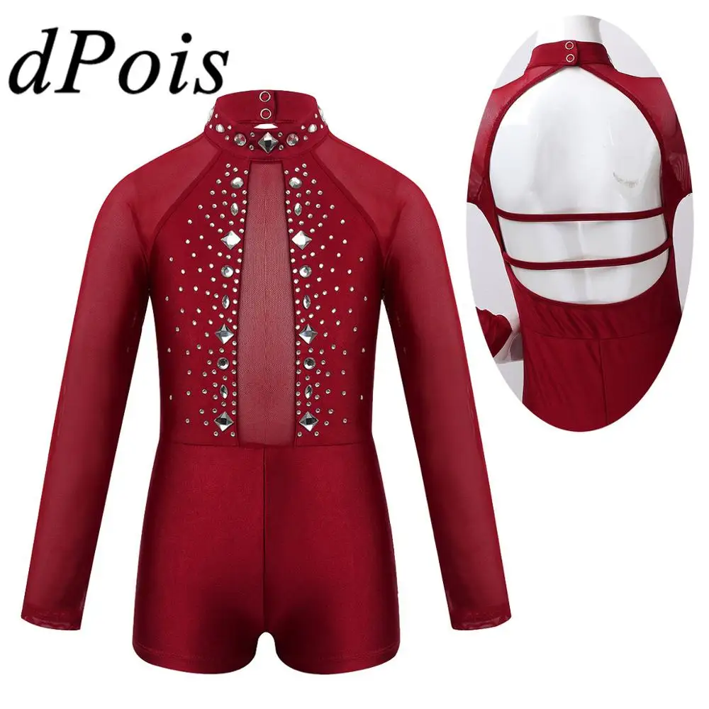 

Kids Teens Gymnastics Leotard Tulle Splice Long Sleeves Children Dance Costume Backless Rhinestone Girl Ballet Unitard Biketard