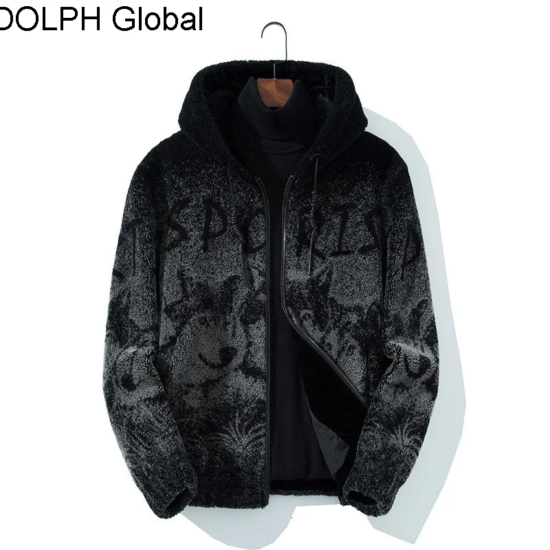 

Black spot sheep shearing men's coat Haining wolf head hooded wool fur lamb wool