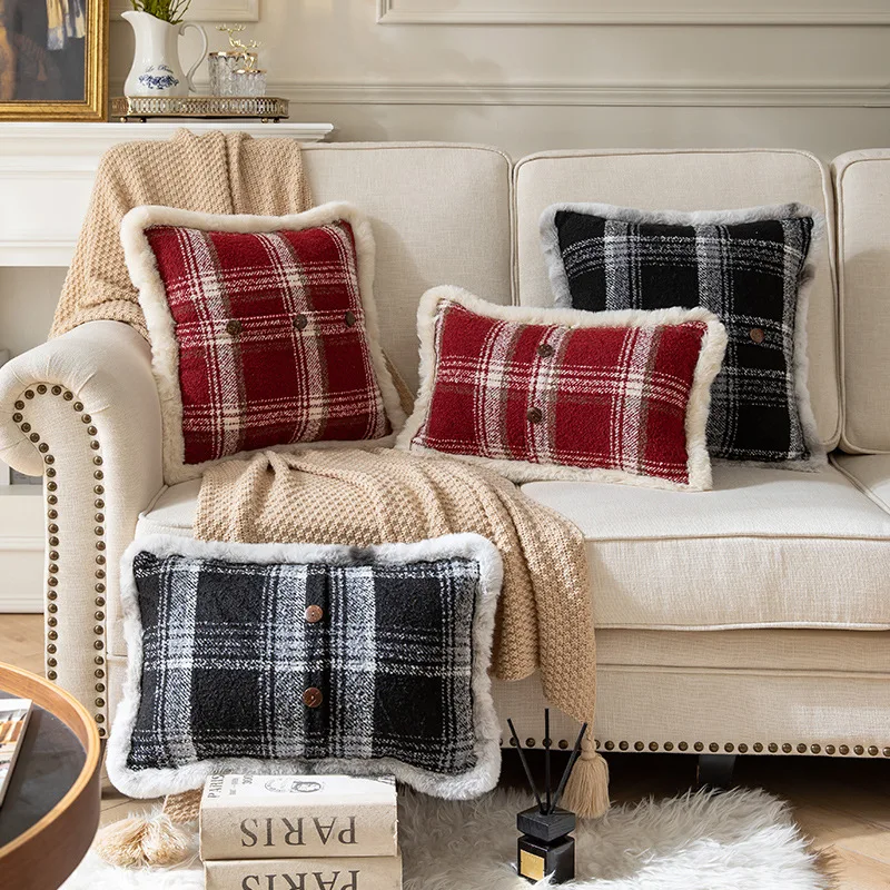

Black Red Checked Throw Pillow Case with Faux Fur Trim,Classic Plaids Cushion Case with Buttons Pillow Sham,Couch Cushion Cover