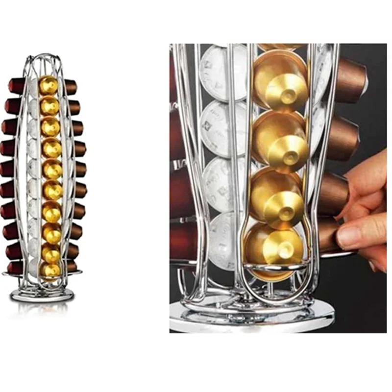 

Изогнутая стойка Nespresso, вращающаяся металлическая стойка для капсул из нержавеющей стали, держатель для кофейных капсул, 40 шт. черных держат...