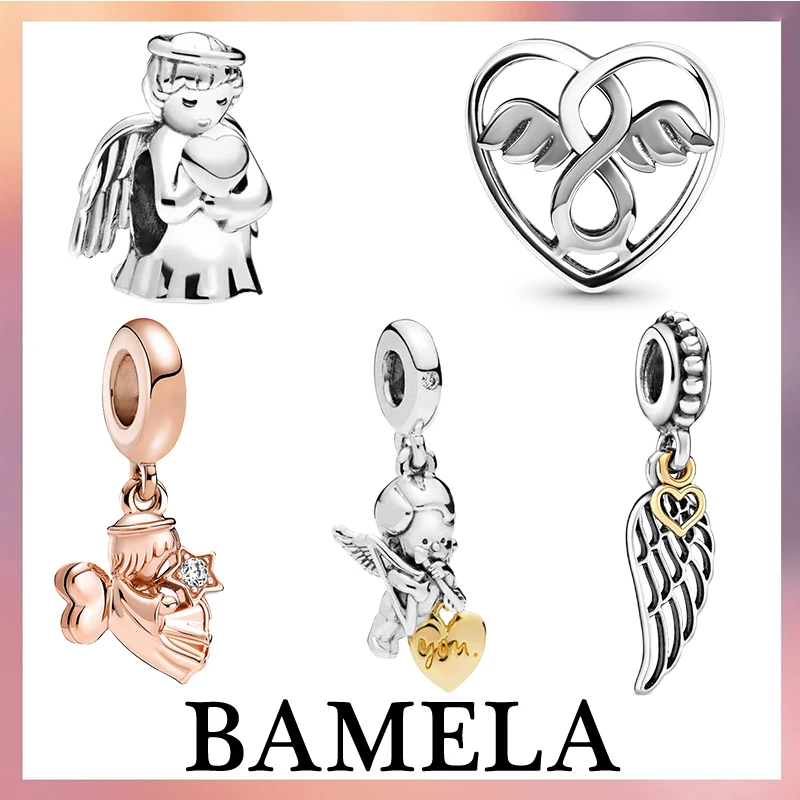 

BAMELA 925 Sterling Silver God Of Love Charms Heart Shaped Angel Bead DIY For Original Pandora Bracelet Jewelry For Women Gift