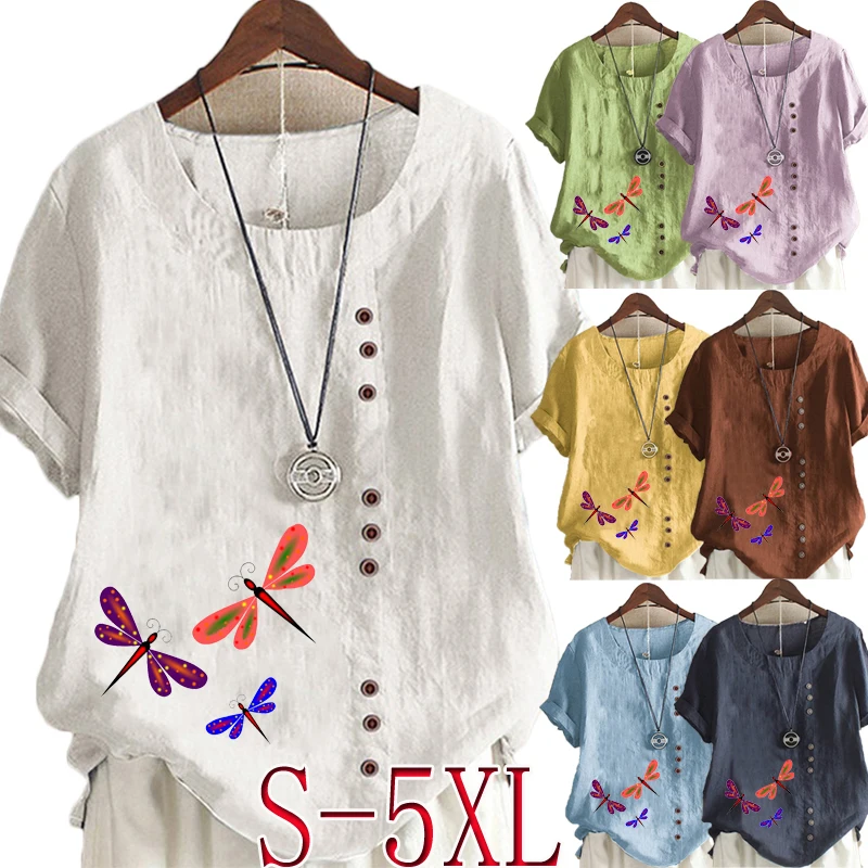

Женская модная летняя повседневная свободная футболка с принтом стрекозы, женский топ в стиле ретро из хлопка и льна с круглым вырезом и коротким рукавом