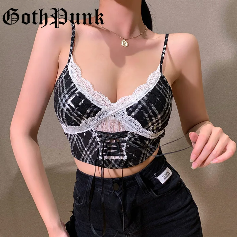 

Goth Punk Gingham Square Lace Black Camis Harajuku Sexy Cut Out Bare Shoulder Camisole Punk Backless Basic Corset Tops Women
